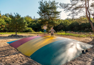 Kinderen spelen op een grote kleurrijke springkussen in het zand op een glampinglocatie tussen de bomen.