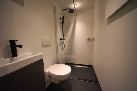 Kleine moderne badkamer in Solo Retreat, EuroParcs Ruinen, Nederland, met toilet en regendouche.