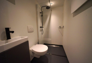 Kleine moderne badkamer in Solo Retreat, EuroParcs Ruinen, Nederland, met toilet en regendouche.