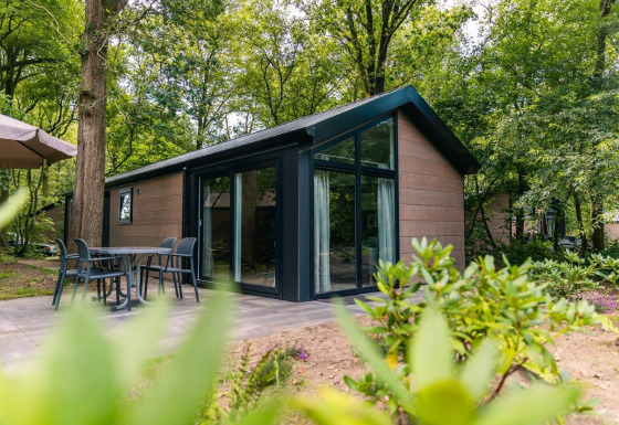 Lodge Velthorst moderna con ampie vetrate, tavolo e sedie all’aperto, immersa nella natura boschiva.