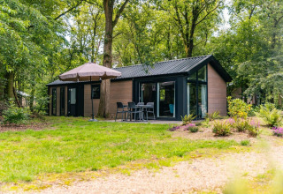 Moderne Velthorst-lodge bij EuroParcs Ruinen in Nederland, omringd door bomen en een terras met stoelen.