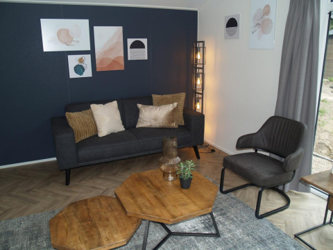 Moderne woonkamer in een lodge bij EuroParcs Ruinen, met donkere bank, wandkunst en zeshoekige tafels.