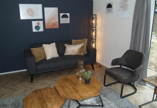 Moderne woonkamer in een lodge bij EuroParcs Ruinen met donkere zetel, wandkunst en hexagonale tafels.