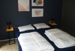 Slaapkamer met twee eenpersoonsbedden, blauwe muren, abstracte kunst en houten tafels bij Velthorst, EuroParcs Ruinen.