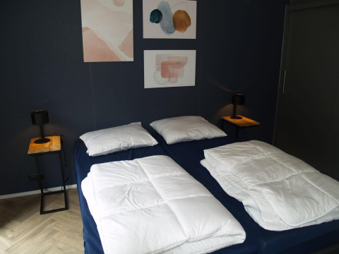 Slaapkamer met twee enkele bedden, blauwe muren, abstracte kunst en houten tafels bij Velthorst, EuroParcs Ruinen.