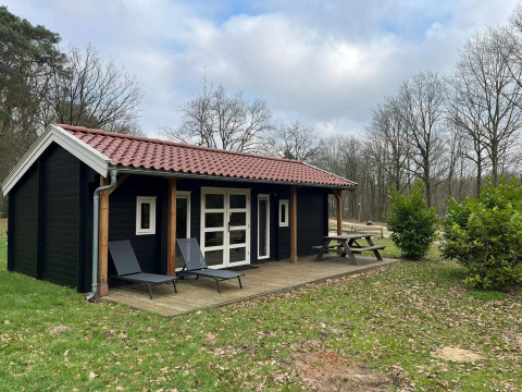 Schwarze Lodge mit rotem Dach, Holzterrasse, zwei Liegestühlen und Picknicktisch im Grünen.