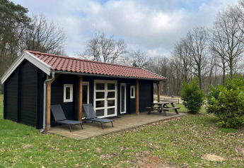 Lodge nera con tetto rosso, terrazza in legno, due lettini e tavolo da picnic immersa nella natura.