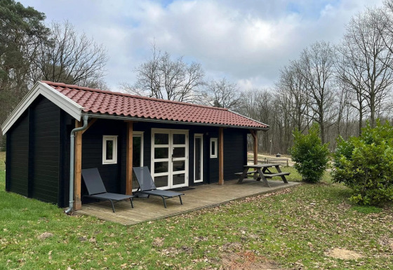 Lodge nera con tetto rosso, terrazza in legno, due lettini e tavolo da picnic immersa nella natura.