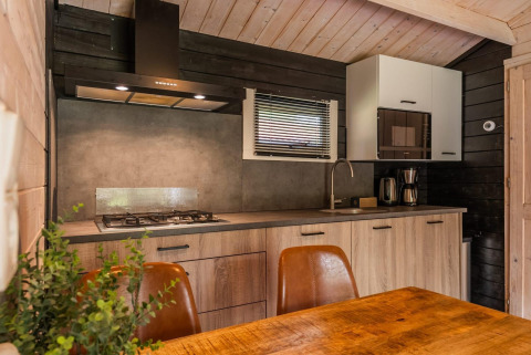 Cocina moderna de una cabaña en Drentse kap, EuroParcs Ruinen, Países Bajos, con detalles en madera.