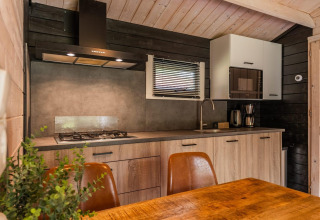 Moderne keuken in een lodge bij Drentse kap, EuroParcs Ruinen in Nederland, met hout en apparaten.