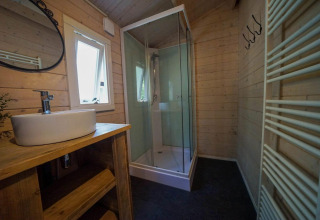 Bagno moderno con pareti in legno, box doccia e lavabo al Drentse kap presso EuroParcs Ruinen.