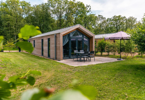 Außenansicht der Forest Lodge mit Terrasse, Gartenmöbeln, Sonnenschirm und viel Grün um das Haus.