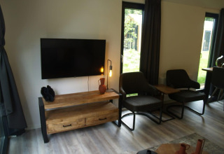 Moderne woonkamer met flatscreen-tv, zetels en grote ramen in Forest Lodge, EuroParcs Ruinen, Nederland.