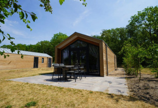 Forest Lodge a EuroParcs Ruinen nei Paesi Bassi, moderne casette in legno con patio immerse nella natura.