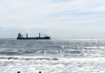 Trois enfants jouent sur le sable devant la mer avec un cargo à l’arrière-plan à Dishoek, Zélande.