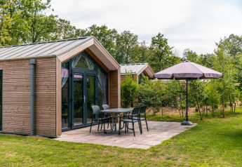 Moderne Blockhütte mit Terrasse, Gartenmöbeln und Sonnenschirm im EuroParcs Ruinen, umgeben von Natur.