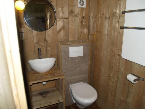 Badkamer met houten wanden, wastafel, spiegel en toilet bij Four Season Lodge op EuroParcs Ruinen.