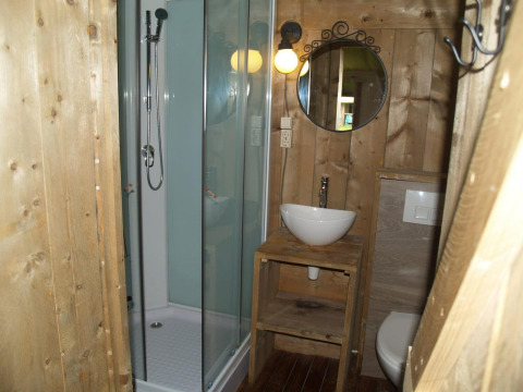 Badeværelse med brusekabine, håndvask og toilet i træinteriør på Four Season Lodge, EuroParcs Ruinen.