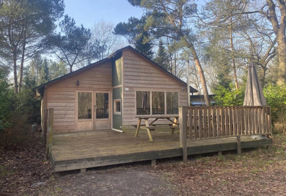 Træhytte ved Glamping Family Lodge 10 med terrasse, bænk og parasol i skovomgivelser, set udefra.