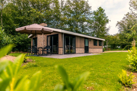 Outdoor view of the Hackfort chalet with patio, umbrella, and green garden surrounded by trees.