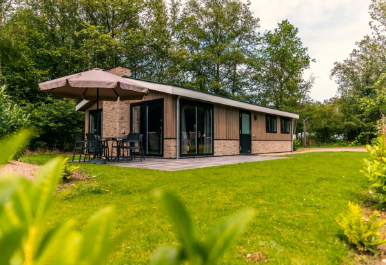 Outdoor view of the Hackfort chalet with patio, umbrella, and green garden surrounded by trees.