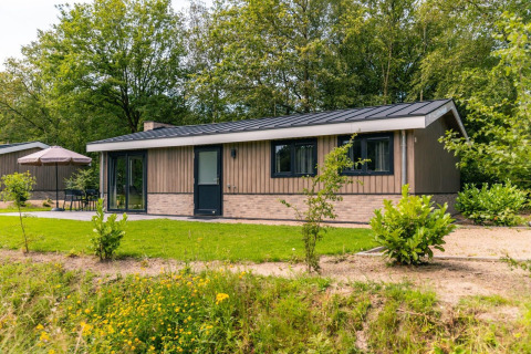 Chalet Hackfort en EuroParcs Ruinen, Países Bajos, rodeado de vegetación y área exterior para sentarse.