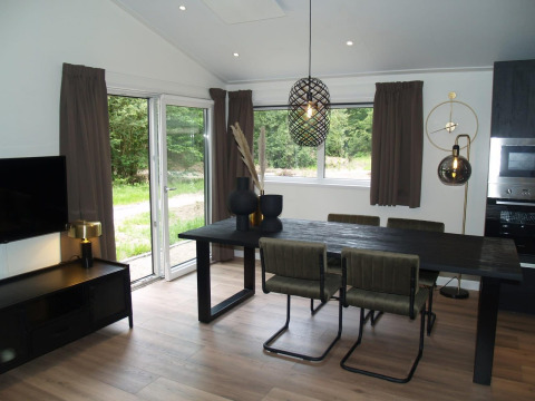 Salle à manger moderne du chalet Hackfort à EuroParcs Ruinen, Pays-Bas, avec grandes fenêtres et décor contemporain.