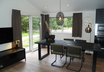 Moderne eetkamer in chalet Hackfort bij EuroParcs Ruinen, Nederland, met grote ramen en stijlvolle meubels.