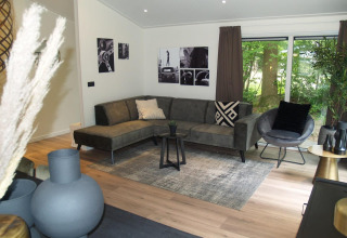 Moderne leefruimte in chalet Hackfort bij EuroParcs Ruinen met grijze sofa en zicht op groen buiten.