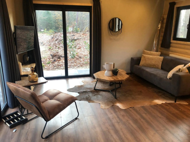 Modernes Wohnzimmer in der Velthorst-Lodge im Vakantiepark De Wiltzangh, Niederlande, mit stilvollen Möbeln.