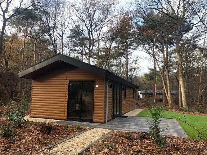 Velthorst-Lodge im Vakantiepark De Wiltzangh, Niederlande, umgeben von buntem Herbstwald und Natur.