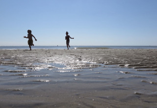 Children running and playing on the sandy beach at low tide near Beach house 'Dishoek 60' in Zeeland, Netherlands.