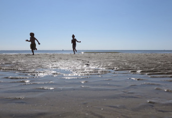 Bambini che corrono e giocano sulla spiaggia sabbiosa con la bassa marea vicino a Beach house 'Dishoek 60', Zeeland, Paesi Bassi.
