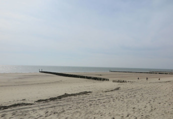 Udsigt over den stille strand ved Dishoek 60 strandhus i Zeeland, Holland, med træbarrierer i sandet.