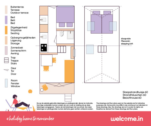 Plano de Beachhouse 'Dishoek 60' en Zeeland, Países Bajos, con leyenda de iconos y altillo para dormir.
