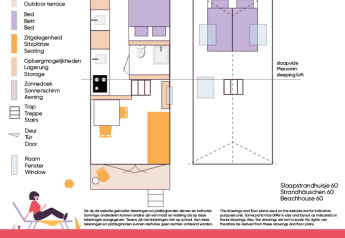 Plantegning af Beachhouse Dishoek 60 i Zeeland, Holland, med ikonforklaring og sovehems vist.