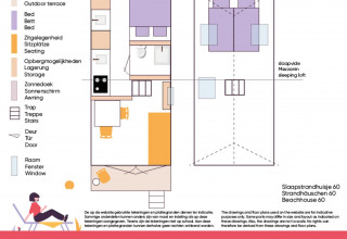 Plan du Beachhouse 'Dishoek 60' à Zeeland, Pays-Bas, avec légende des icônes et mezzanine de couchage.