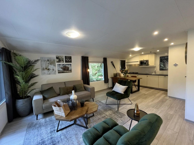 Modernes Glamping-Unterkunft mit offener Küche, stilvollem Wohnzimmer, grünen Sesseln und Naturblick.