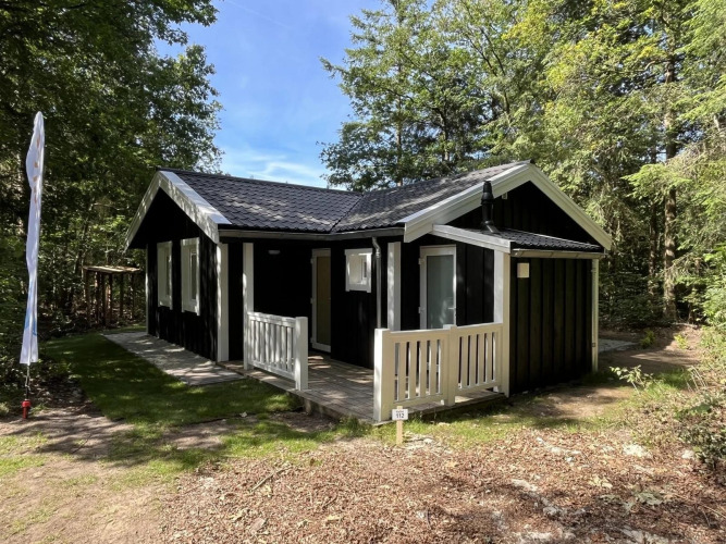Schwarze Holzhütte mit weißem Dach in einem Waldstück, perfekte Glamping-Unterkunft im Sommer.