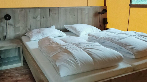 Bett in einem Safarizelt-Lodge im Molengroet in den Niederlanden mit Holzwand und weißer Bettwäsche.