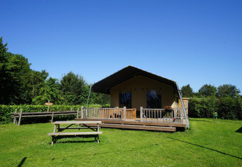 Safarizelt in Molengroet, Niederlande, mit hölzerner Terrasse und Sitzbank auf grüner Wiese.