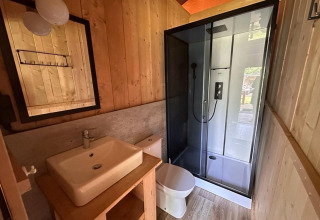 Baño de Glampingtent Desert en Molengroet, Países Bajos, con ducha moderna, lavabo y paredes de madera.