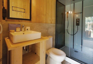 Baño de Glampingtent Desert en Molengroet, Países Bajos, con ducha acristalada, lavabo y váter.