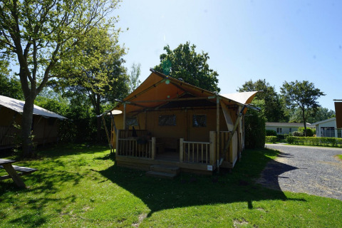 Glampingtent Dreamer lodge at Molengroet in the Netherlands, surrounded by trees and lush green grass.