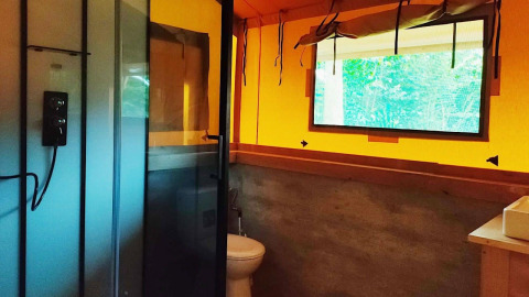 Baño en Glampingtent Kompact en Molengroet, Países Bajos, con ducha moderna, inodoro y ventana grande.