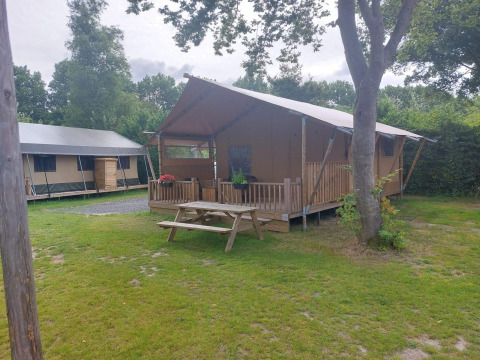 Glampingtent Sunshine en Molengroet, Países Bajos, con terraza de madera, banco y zona verde tranquila.