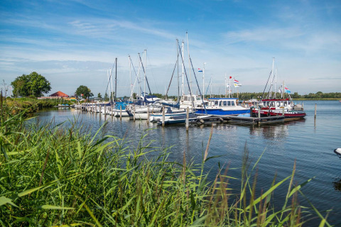 Boote sind in einem ruhigen Glamping-Hafen vertäut, umgeben von Gras und blauem Himmel bei Sonne.