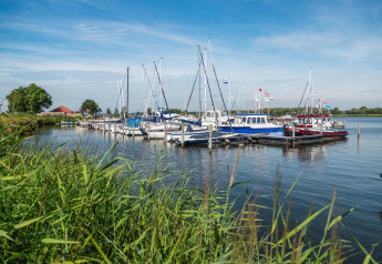 Boats are moored at a peaceful glamping marina, surrounded by grasses and blue sky on a sunny day.