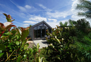 Moderna cabaña Solo Retreat en Bad Hulckesteijn, Países Bajos, rodeada de vegetación y cielo azul claro.