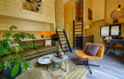 Sala de estar de tiny house moderna con paredes de madera, muebles retro y plantas en Bad Hulckesteijn, Países Bajos.
